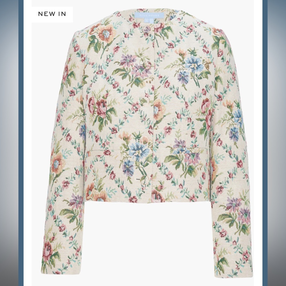 Hill House Home The Virginia Jacket in Tapestry Trellis Brocade Cream Pink Multi - Picture 8 of 8